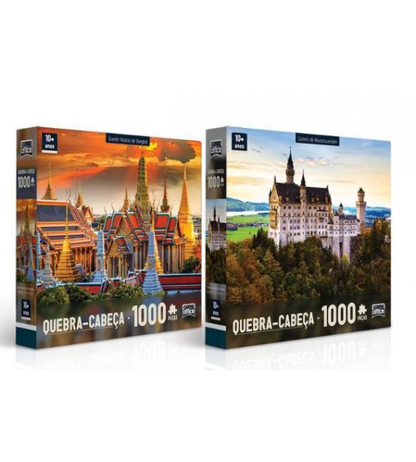 Kit Com 2 Quebra-Cabeças - Grande Palácio de Bangkok e Castelo De Neuschwanstein 1000 Peças
